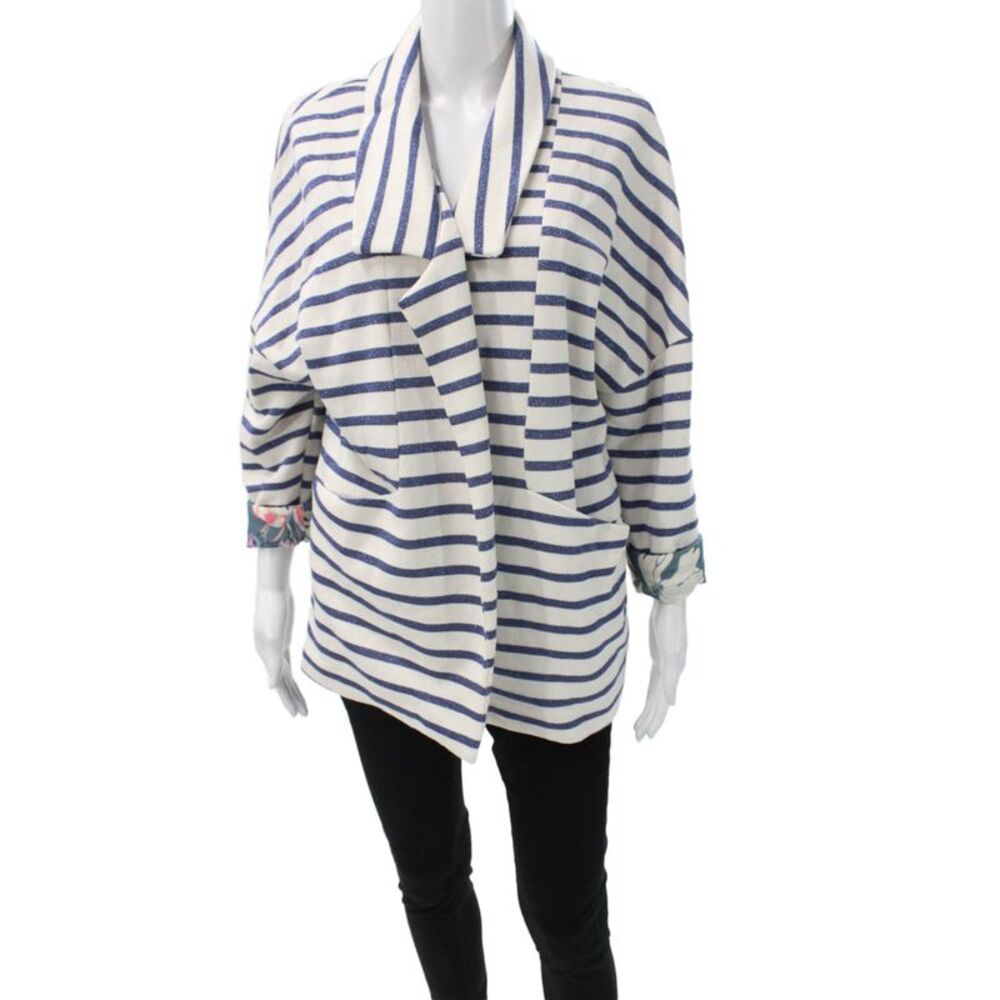 Johanna Paris Women Basic Striped Nautical Long Sleeve Jacket Blue Size S